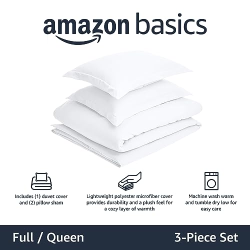 AMAZON BASICS LIGHTWEIGHT MICROFIBER 3 PIECE DUVET COVER SET FULL/QUEEN - WHITE - Like New