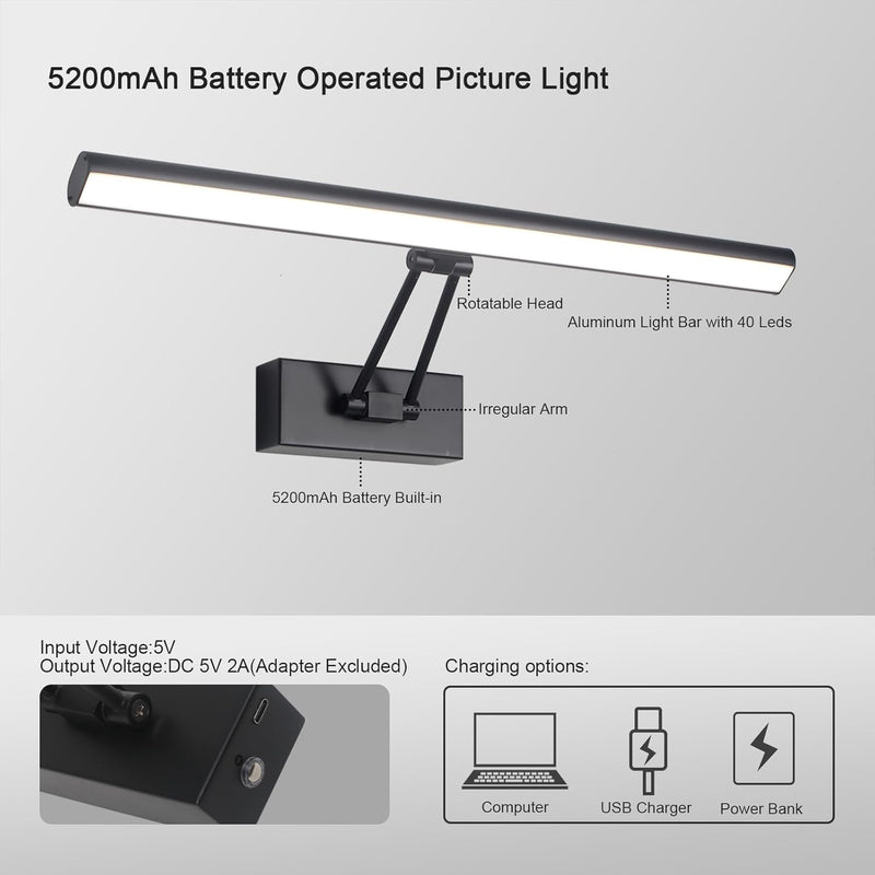HOWMZON PICTURE LIGHT 16" ART LIGHT BLACK PICTURE LIGHT OPERATED 3CCT - BLACK - Like New