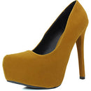 Qupid Women's Marquise06 Mustard Velvet Almond Toe Platform Stiletto Pump 7.0 - Like New