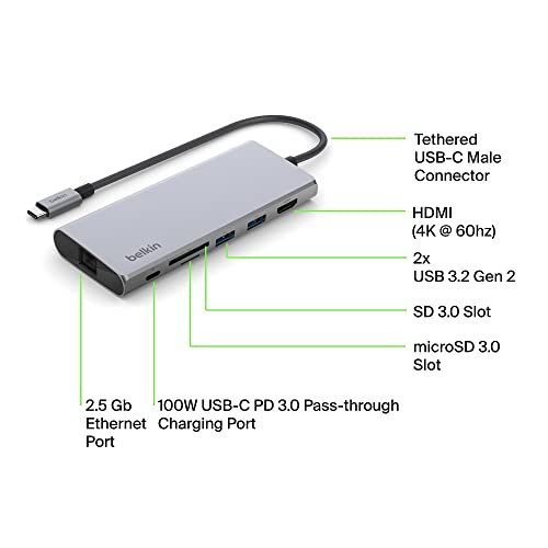 BELKIN 7-IN-1 USB-C HUB MULTIPORT ADAPTER DONGLE 4K 60HZ HDMI 100W POWER - GRAY - Like New