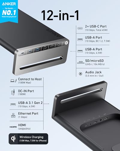 ANKER 675 USB-C DOCKING STATION (12-IN-1, MONITOR STAND, WIRELESS) - DARK GRAY - Like New