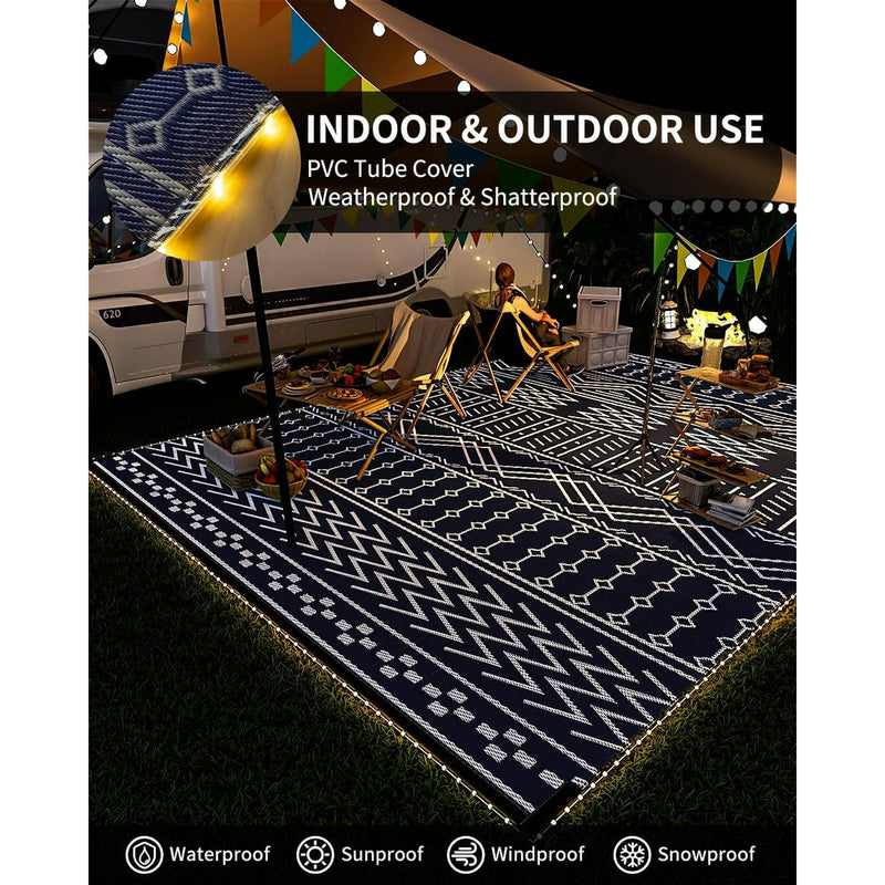 BOHO OUTDOOR RUG CARPET 8X10 FT LED STRIP LIGHTS-PATIO RUG MAT  - BLUE/WHITE - Like New