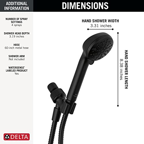 DELTA FAUCET 4-SETTING HANDHELD SHOWER HEAD, BLACK - MATTE BLACK - Like New