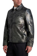 KARL LAGERFELD MENS SHIRT COLLAR SILVER LEATHER JACKET SIZE MEN LARGE BLACK - Brand New