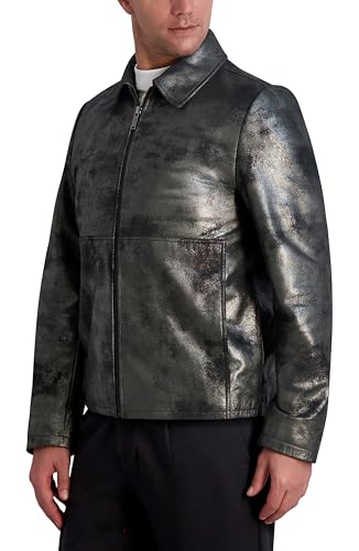 KARL LAGERFELD MENS SHIRT COLLAR SILVER LEATHER JACKET SIZE MEN LARGE BLACK - Brand New