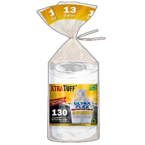 XTRA TUFF 13 GALLON TRASH BAGS, TALL KITCHEN GARBAGE BAGS, 130 COUNT - WHITE - Brand New