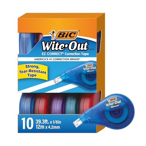 BIC WITE-OUT EZ CORRECT TEAR-RESISTANT TAPE 39.3 FT 10-COUNT PACK - MULTICOLOR - Brand New