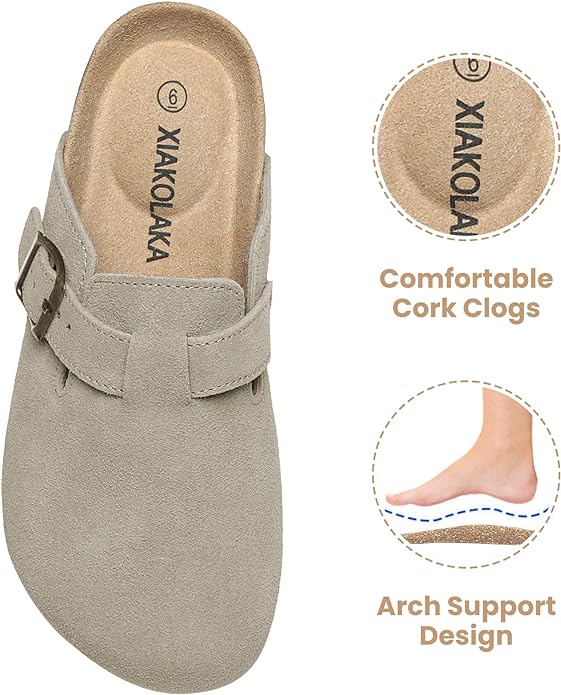 Xiakolaka Women's Suede Clogs Adjustable Buckle Footbed Home Slippers Beige 8 - Like New
