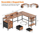 FUROLOGEE 66” L SHAPED DESK POWER OUTLET REVERSIBLE GAMING DESK - RUSTIC BROWN - Like New