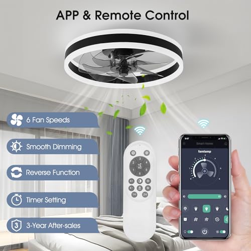 AHAWILL 15.7" MODERN CEILING FAN WITH LIGHTS, FLUSH MOUNT, REMOTE - BLACK - Like New