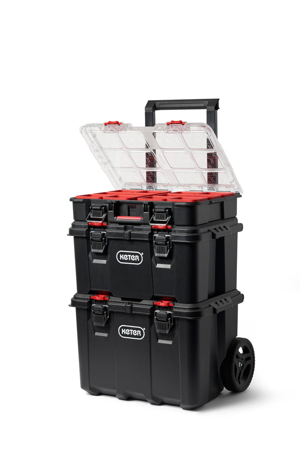 KETER STACK-N-ROLL MODULAR TOOLS ORGANIZER 3 PIECE TOOL BOX - BLACK/RED - Brand New