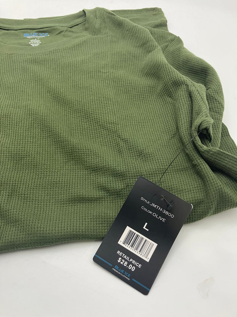 BLUE ICE WAFFLE KNIT LONG SLEEVE SHIRT - SIZE: MEN L - OLIVE - Brand New