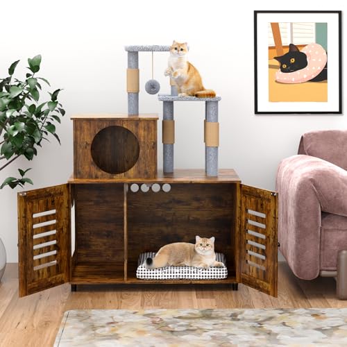 RYVORBE CAT TREE WITH LITTER BOX ENCLOSURE, HIDDEN WASHROOM FURNITURE - BROWN - Like New