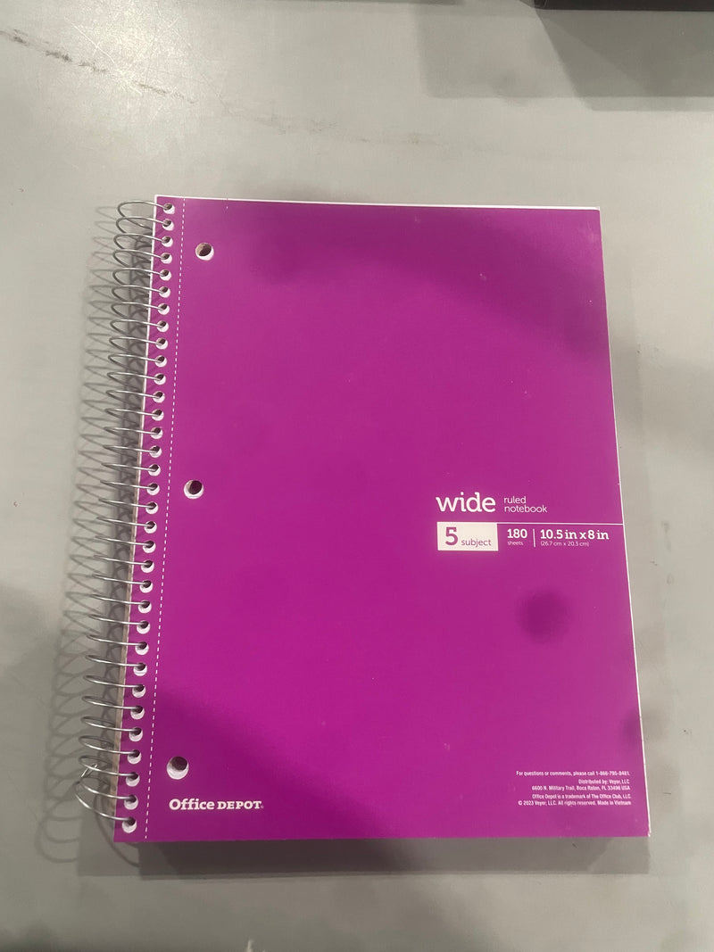 OFFICE DEPOT WIREBOUND NOTEBOOK 8" X 10-1/2", 5 SUBJECTS 180 SHEETS - PURPLE - Like New
