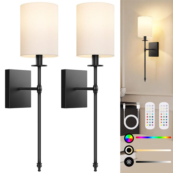 BOSCEOS 24.8" Battery Operated Wall Sconces Set, 2 Lights, 2 Bulbs L2018-1BK-BLK - Brand New