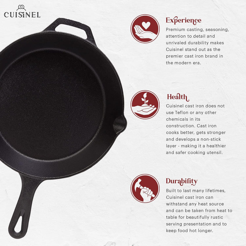 CUISINEL CAST IRON SKILLET SET 8" 10" 12" SILICONE HANDLE GRIP - BLACK Like New