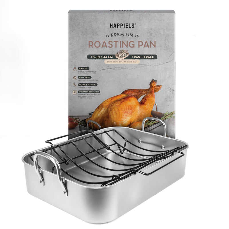 HAPPIELS 17X12.5 INCH ROASTING PAN WITH NONSTICK RACK TURKEY PANS - SILVER Like New