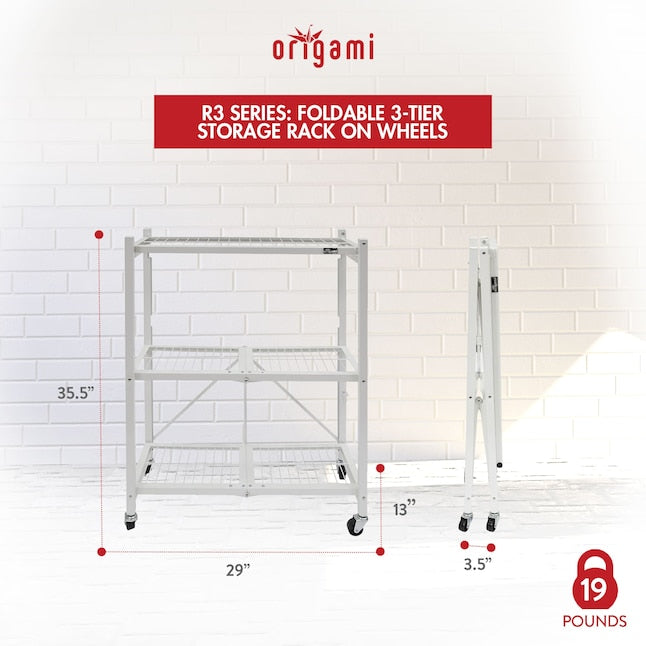 ORIGAMI 3-TIER FOLDABLE STORAGE SHELVES, HEAVY DUTY SHELF RACK UNIT - WHITE - Like New