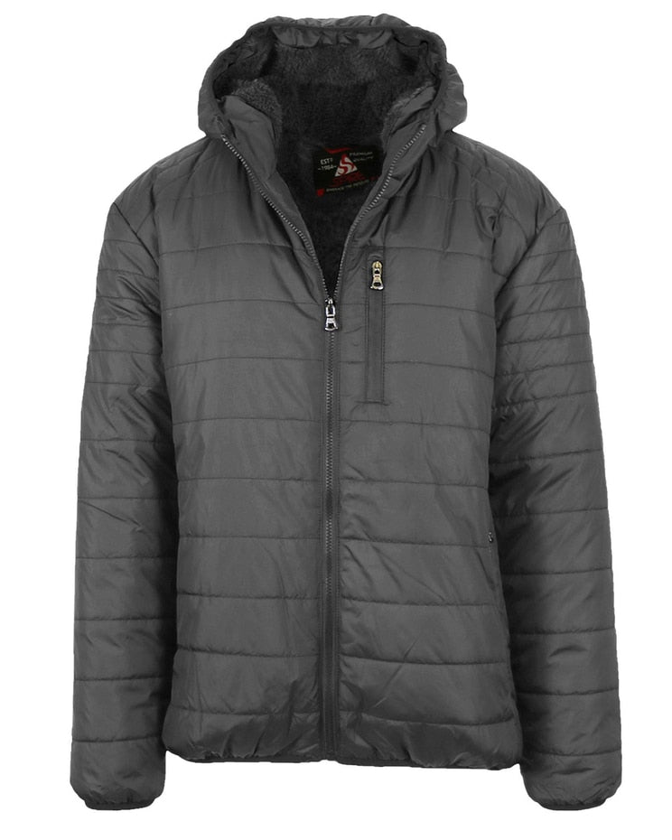 SPIRE MEN'S SHERPA LINED HOODED PUFFER JACKET, LARGE, CHARCOAL, SP-2022CH - Brand New