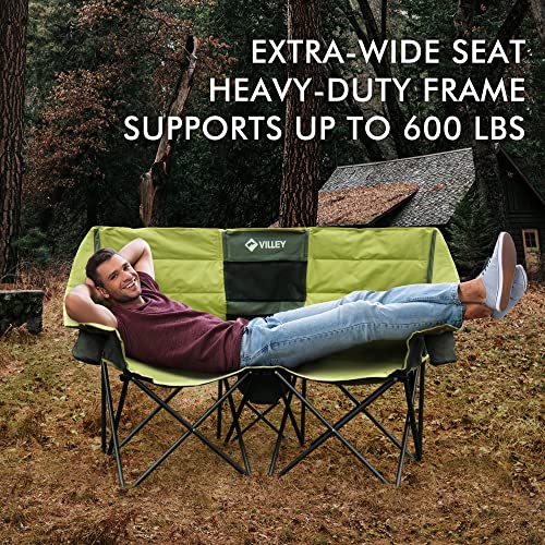 VILLEY Double Camping Chair w/Cooler Bag, Extra Wide Loveseat, 600LBS - GREEN - Like New