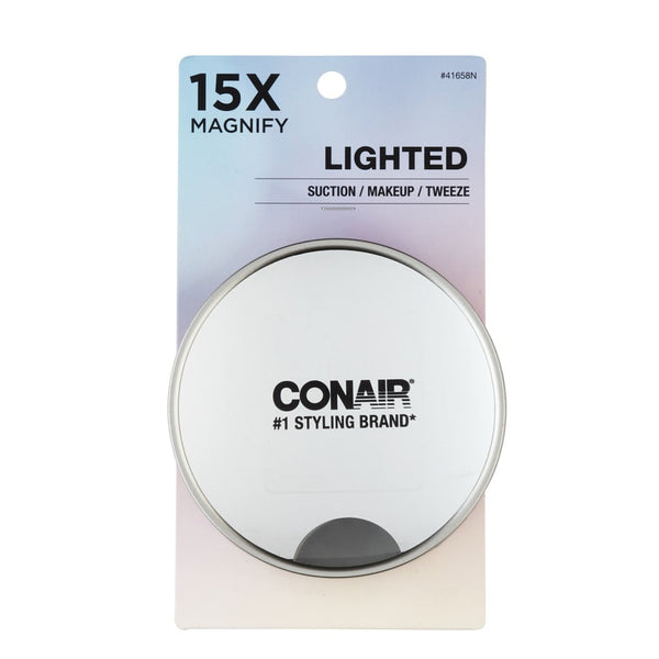 CONAIR LIGHTED SUCTION CUP MIRROR, 15X MAGNIFICATION, 1 COUNT, 41658N - GRAY - Brand New