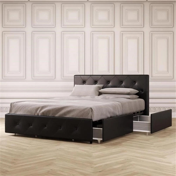 DHP DAKOTA QUEEN UPHOLSTERED BED WITH STORAGE DRAWERS IN BLACK FAUX LEATHER - Like New