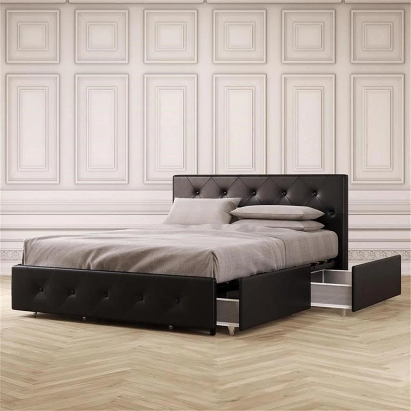 DHP DAKOTA QUEEN UPHOLSTERED BED WITH STORAGE DRAWERS IN BLACK FAUX LEATHER - Like New