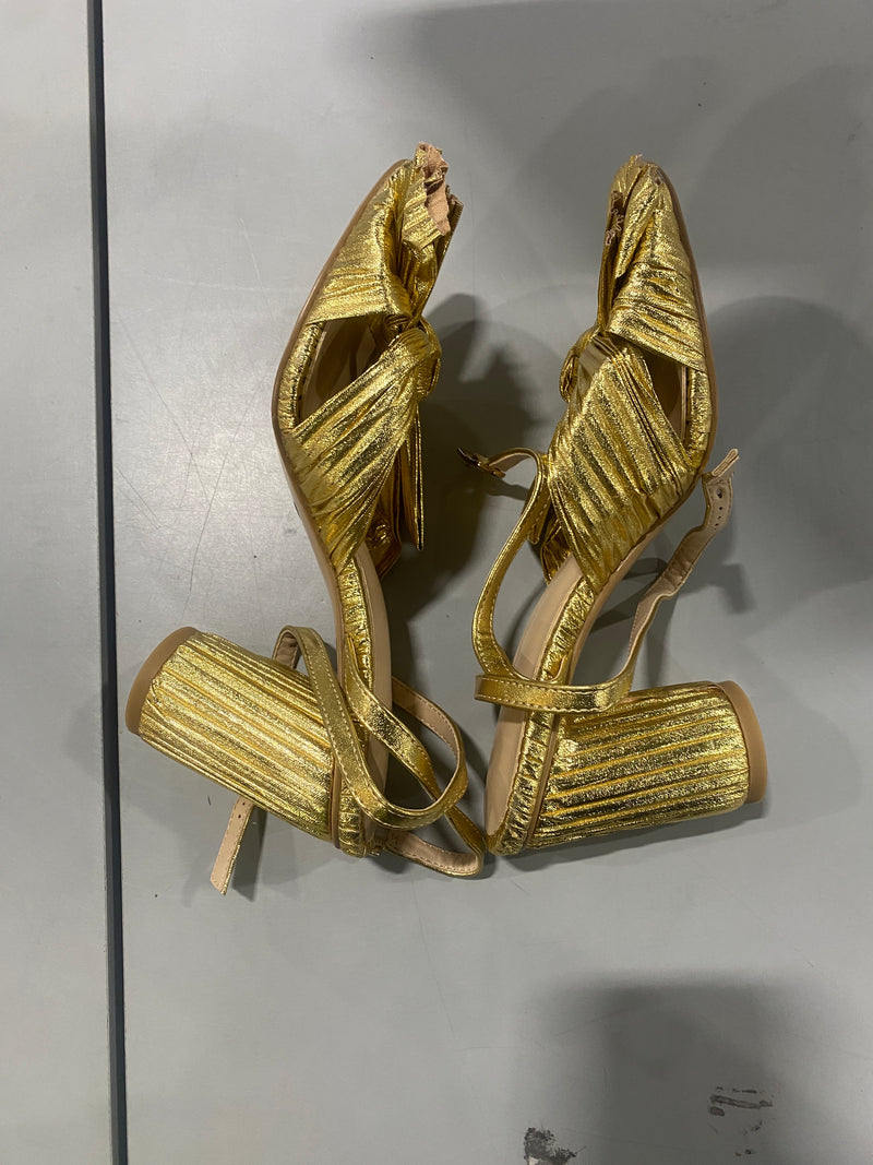 MICIFA WOMEN'S BOW KNOT ANKLE STRAP OPEN TOE HIGH BLOCK SANDAL - GOLD - Like New