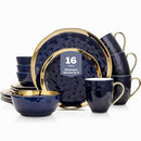 Stone Lain Porcelain 16 Piece Dinnerware Set, Service for 4, Blue and Golden Rim - Like New
