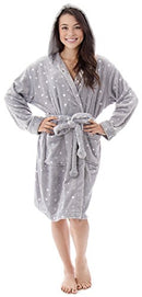 BURKLETT HOODED SOLID FLANNEL FLEECE BATHROBE WITH POCKETS - GRAY - Like New