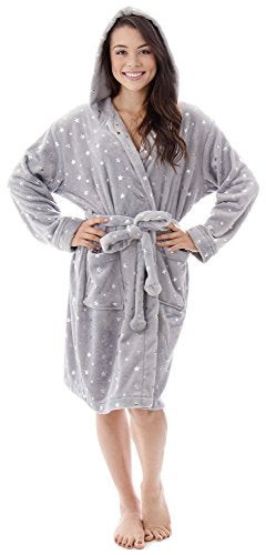 BURKLETT HOODED SOLID FLANNEL FLEECE BATHROBE WITH POCKETS - GRAY - Like New