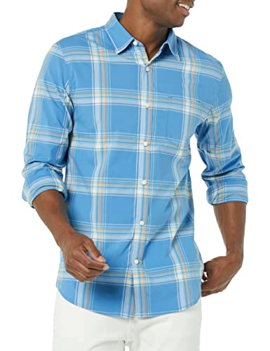 AMAZON ESSENTIALS LONG-SLEEVE SLIM-FIT STRETCH MEN'S SHIRT M LIGHT BLUE PLAID - Brand New