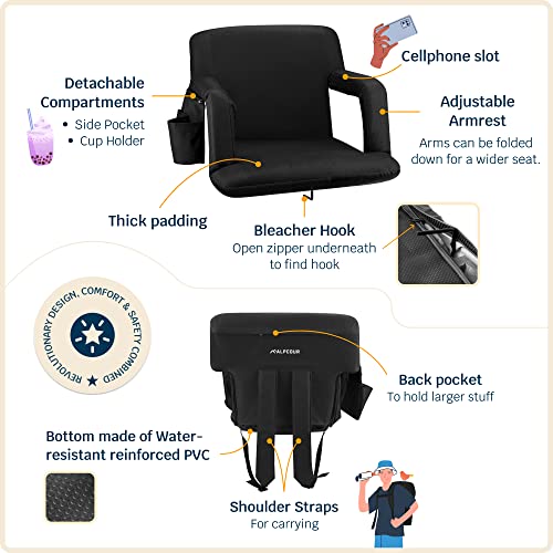 ALPCOUR RECLINING STADIUM SEAT WIDE BLEACHER BACK SUPPORT CUSHION - BLACK - Brand New