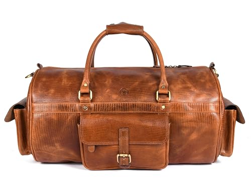 AARON LEATHER GOODS DUFFLE BAG MEN 35L OVERNIGHT WEEKENDER GARMENT - TAWNY - Like New