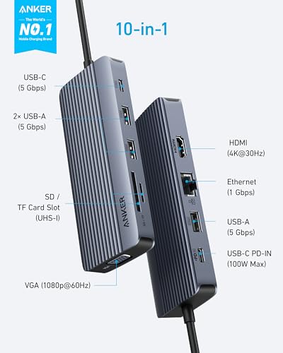 ANKER 10-IN-1 USB C HUB DUAL-DISPLAY USB-C DOCKING STATION 4K A83C2 - GRAY - Like New