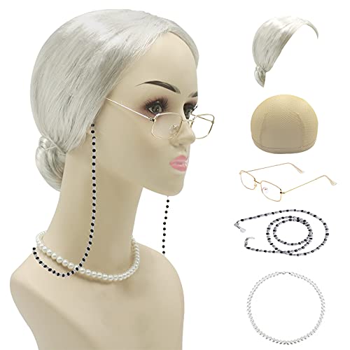 CUPOHUS OLD LADY COSTUME SET, GRANDMA WIG CAP, GRANNY GLASSES, SILVER WHITE - Like New