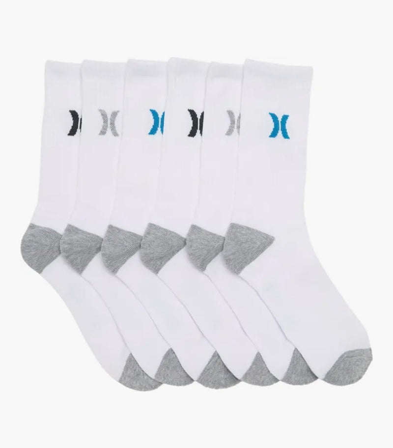 HURLEY MENS CUSHIONED CREW SOCKS 6 PACK - WHITE - Brand New
