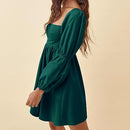 EXLURA WOMENS 2025 SQUARE NECK DRESS PUFF SLEEVE A-LINE - SIZE L - DARK GREEN - Like New