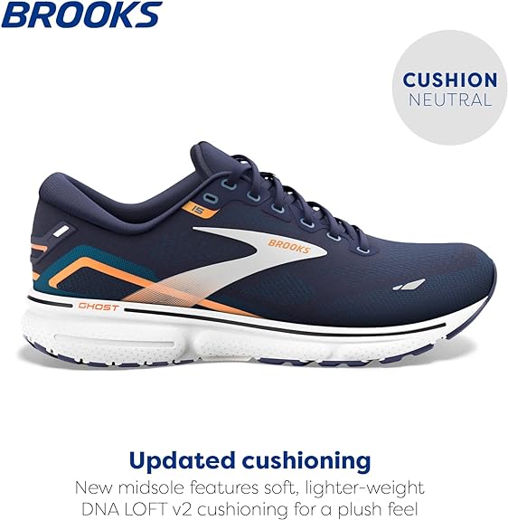 BROOKS MEN'S GHOST 15 RUNNING SHOE - PEACOAT/BLUE/ORANGE POP - SIZE 9.5 - Like New
