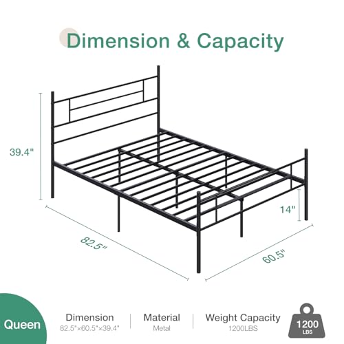 NOVILLA QUEEN SIZE BED FRAME HEADBOARD FOOTBOARD 14" METAL PLATFORM - DARK BLACK - Like New