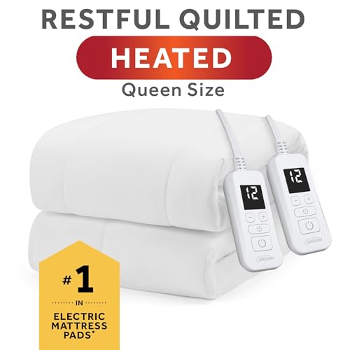 SUNBEAM HEATED MATTRESS PAD QUILTED 12 HEAT SETTINGS DUAL ZONE 32810029 - WHITE - Like New