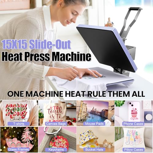 AKEYDIY Heat Press, 15x15 Slide Out Heat Press Machine for T Shirts, Digital - Like New