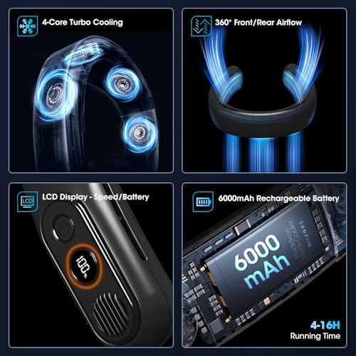 OLV RECHARGEABLE 4 TURBO 6000MAH PORTABLE NECK FAN - 360 AIRFLOW - BLACK - Like New