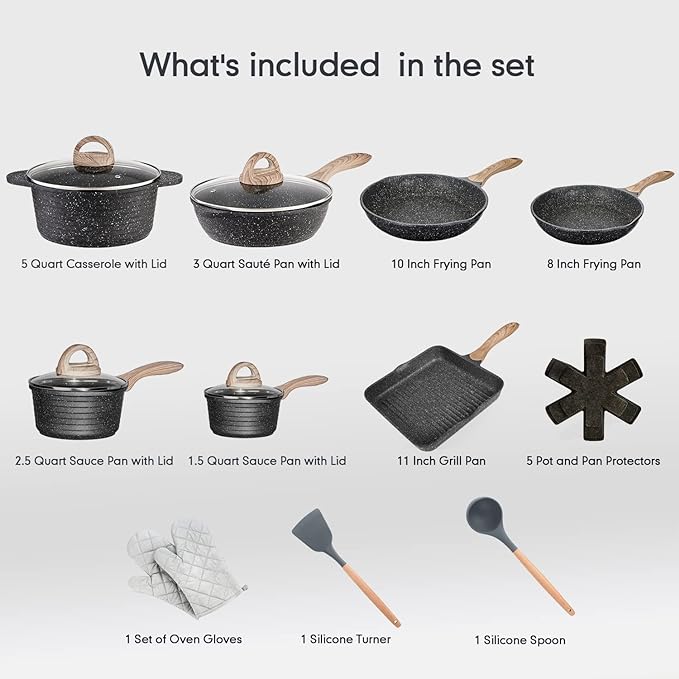 JEETEE Pots and Pans Set Nonstick 20PCS Granite Coating Induction - Gray/Granite - Like New