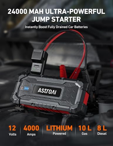 ASTROAI S8 ULTRA 4000A PEAK JUMP STARTER, 24000MAH, 12V, JUMPER CABLES - RED - Like New