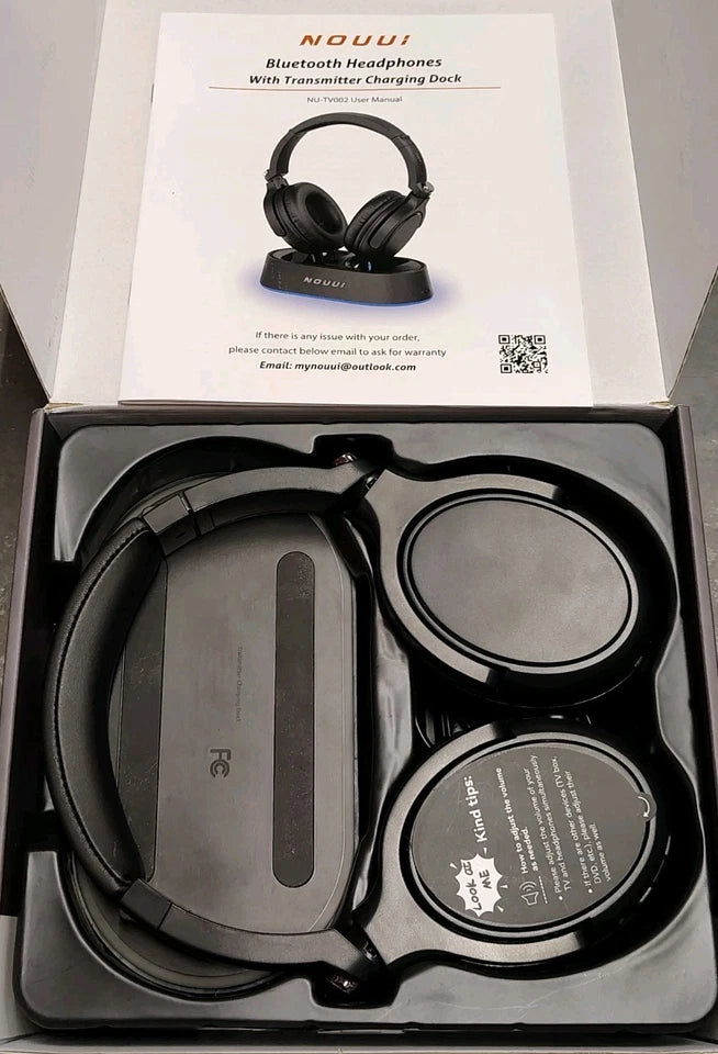 NOUUI BLUETOOTH HEADPHONES WITH TRANSMITTER CHARGING DOCK - BLACK - Like New