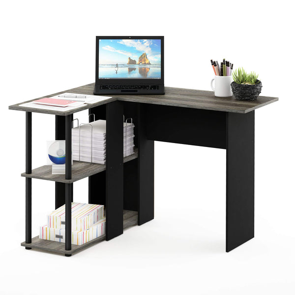 FURINNO ABBOTT L-SHAPE COMPUTER DESK WITH BOOKSHELF FRENCH OAK GRAY/BLACK - Like New