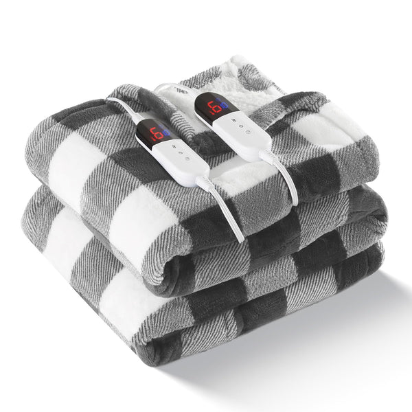 BENFOX Electric Heated Blanket 84"x 90" Sherpa Plaid 6 Heating Levels - Grey - Like New