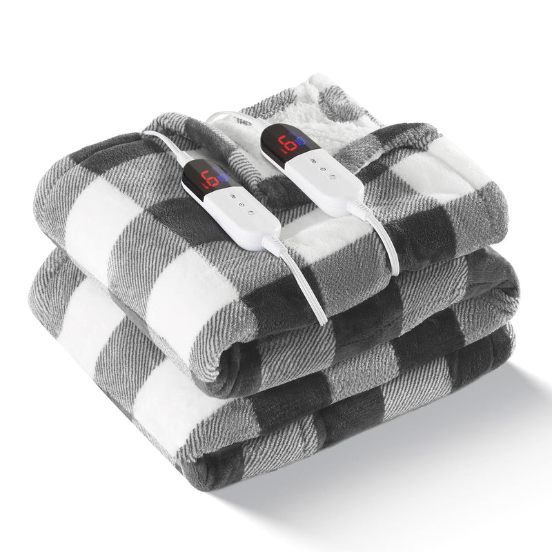 BENFOX Electric Heated Blanket 84"x 90" Sherpa Plaid 6 Heating Levels - Grey - Like New