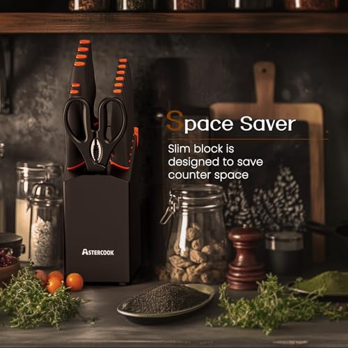 ASTERCOOK KITCHEN KNIFE SET WITH BUILT-IN SHARPENER, 15 PIECE, BLACK/ORANGE - Like New